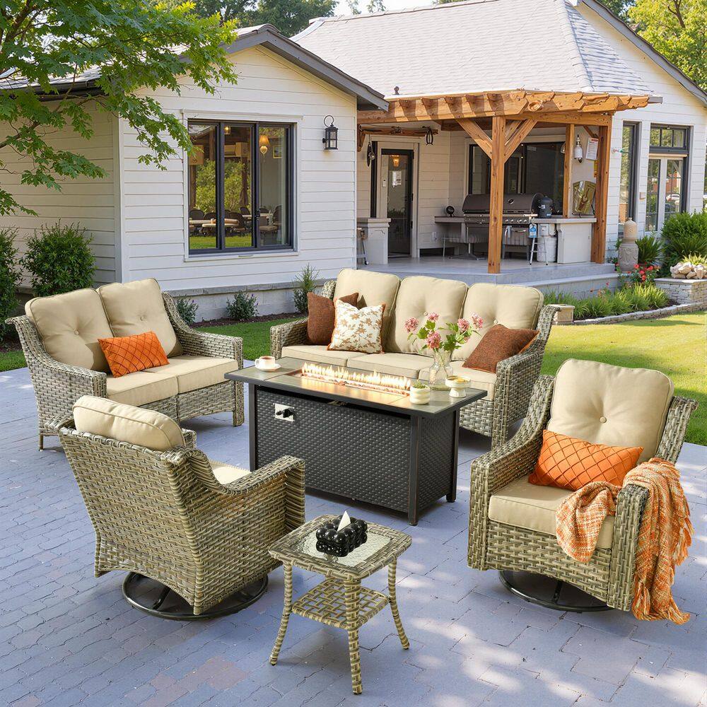 Palffy Gray 6-Piece Wicker Patio 54 in. Rectangle Fire Pit Conversation Set with Beige Cushions and Swivel Chairs price history on PriceWatchPro