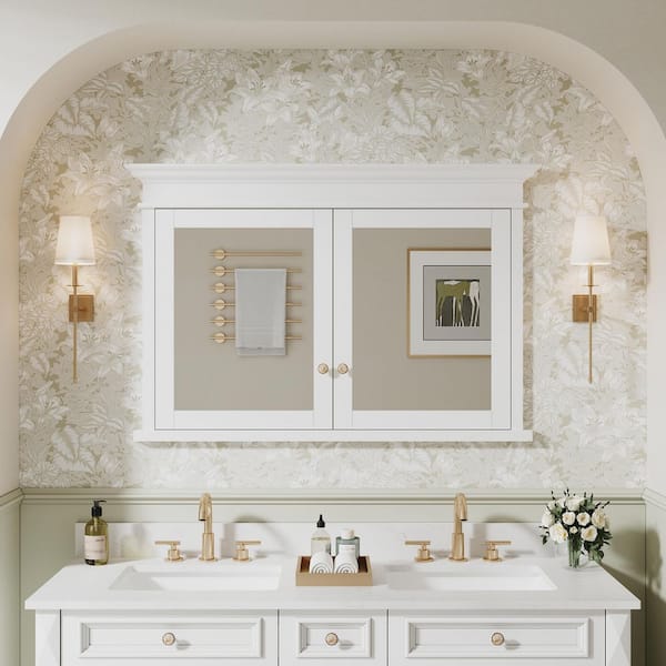 ANGELES HOME 48.01 in. W x 32 in. H Recessed Mount Rectangular Wood Medicine Cabinet with Mirror and Double Doors, Adjustable Shelves