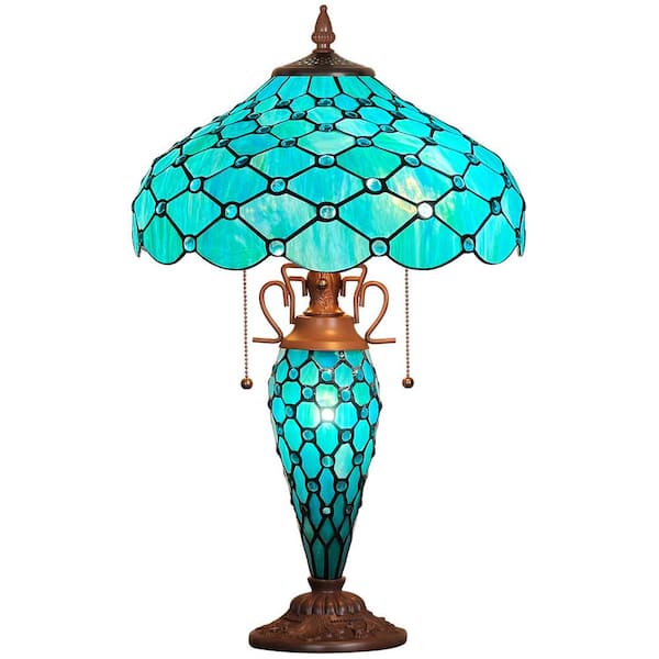 24in. Dark Bronze Tiffany Table Lamp with Blue Stained Glass Shade and Pull Chain Control Task & Reading Lamp