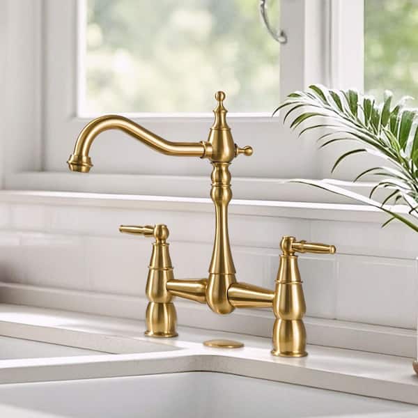 Vintage 2-Handle High Arc Bridge Kitchen Faucet with Hole Cover in Gold