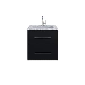 Napa 24 in. W x 22 in. D x 21.75 in. H Single Sink BathVanityWall in Glossy Black with White Carrera Marble Countertop