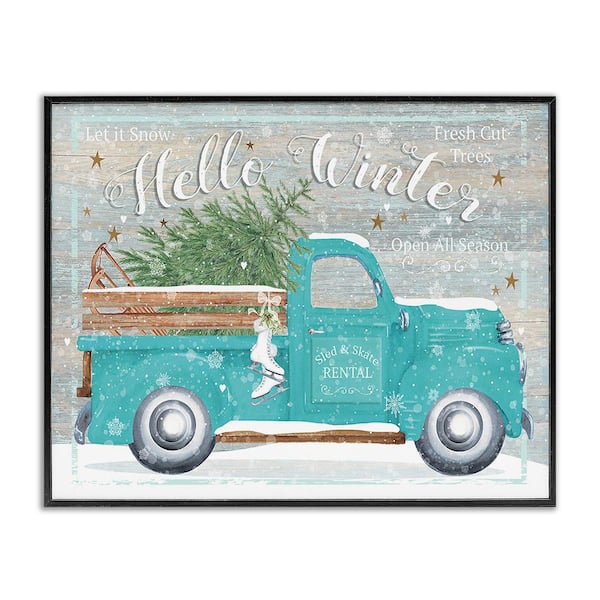 Stupell Industries Rustic Hello Winter Truck by Karen Tye Bentley 1-Piece Framed Graphic Print Travel Poster Art Print 14 in. x 11 in.