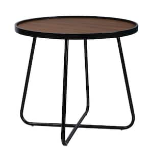 24 in. Brown and Black Round Wood End Table with Metal Cross Base