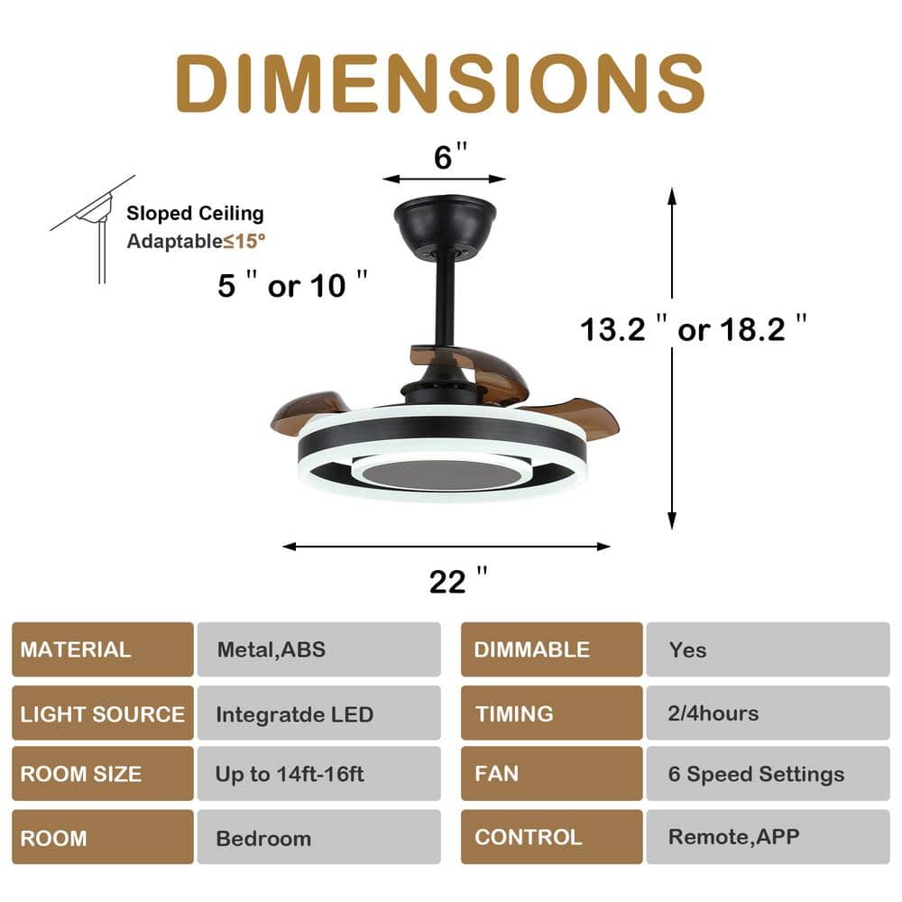 22-Inch Black Modern Ceiling Fan with Clear Blades and LED Light