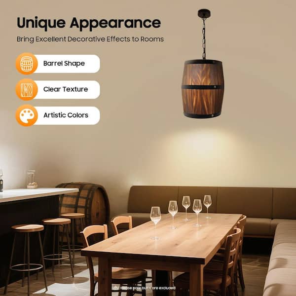 OUKANING 1-Light Brown Retro Cage Wood Barrel Pendant Light