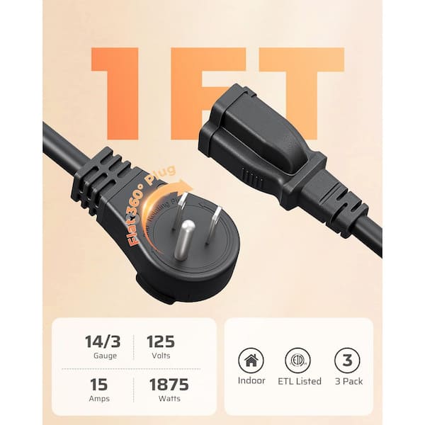 1 ft. SJTW 14 / 3 Gauge Indoor Extension Cord with 3-Prong Outlets and Flat Head, 3 Pack, Black