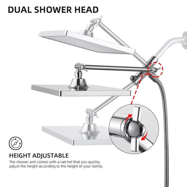 Rainfall Shower Head Combo 6-Spray 12 in. Wall Mount Dual Shower Heads and Handheld Shower Head with 2.5 GPM in Chrome