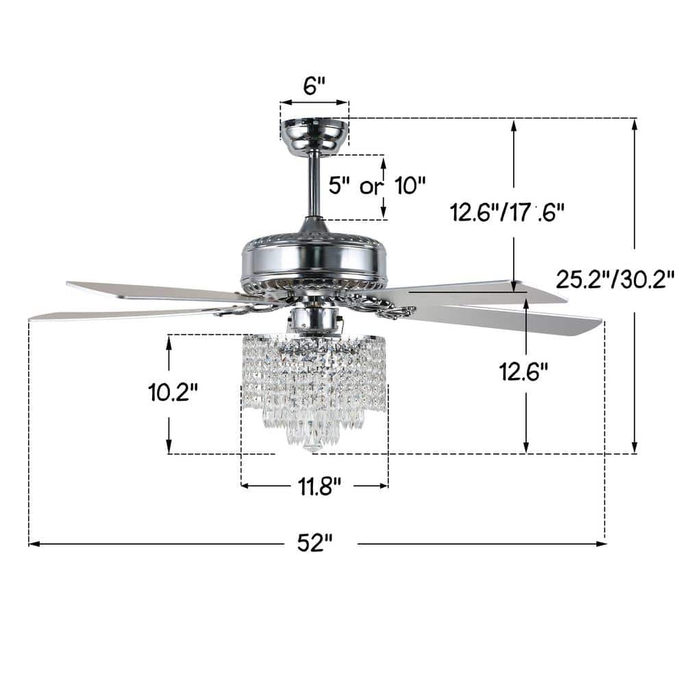 52" Silver Crystal Chandelier Ceiling Fan with Remote and Light Kit