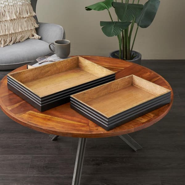Litton Lane Brown Handmade Mango Wood Decorative Tray with Black Groove Exterior (Set of 2)