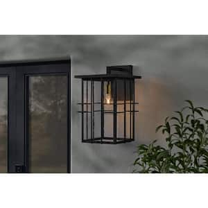 Glenfield Large 19 in. 1-Light Black Outdoor Wall Light Fixture with Seeded Glass