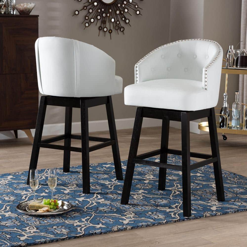 Set of 2 White Faux Leather Tufted Swivel Barstools with Nailhead Trim