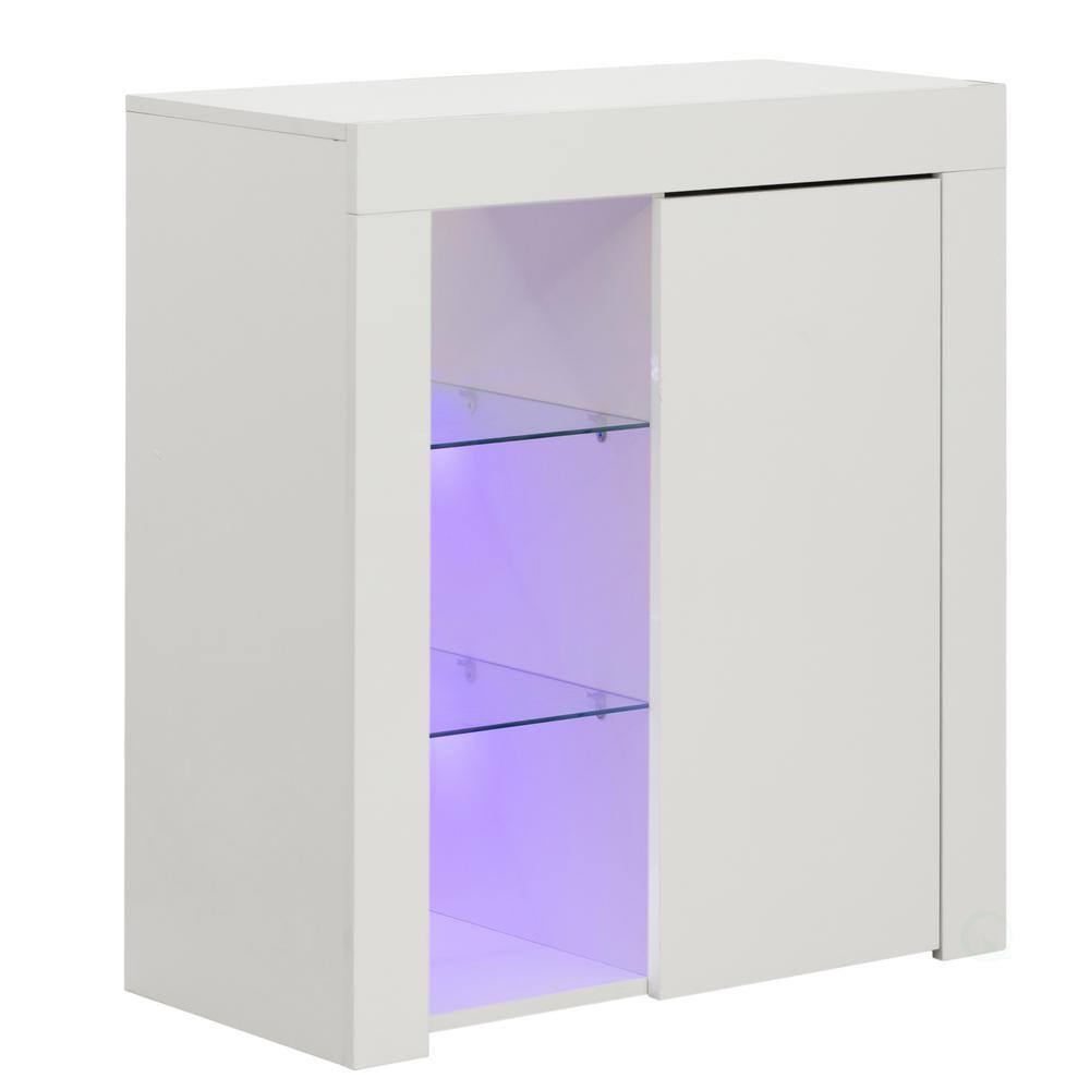 White side storage cabinet with illuminated shelf