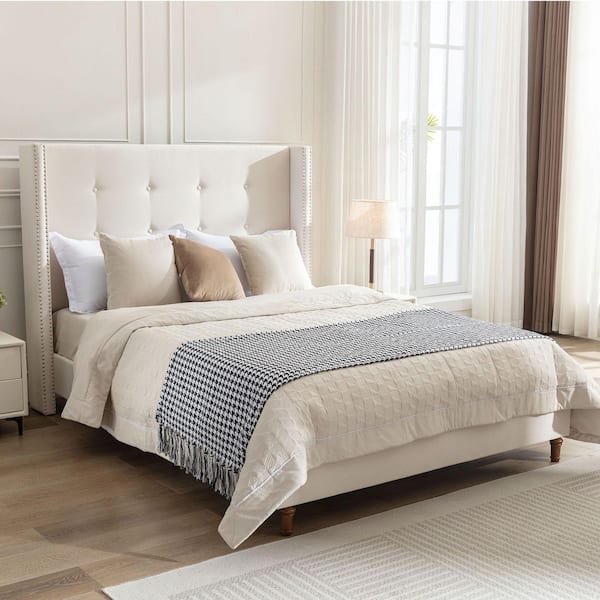 Ivory White Velvet Metal Frame King Size Platform Bed with Headboard, Buttoned Tufting and Wingback, Easy Assembly