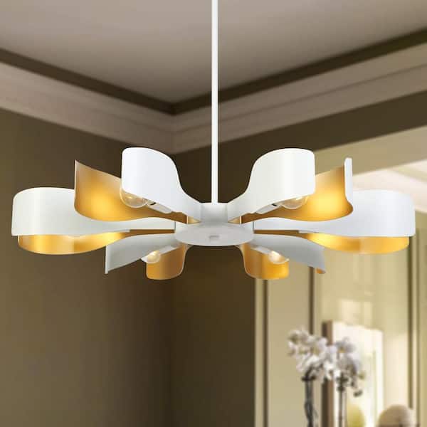 Contemporary 31.4 in. 6-Light White and Gold Chandeliers, Artistic Round Bedroom Chandelier Lighting with Petal Shade