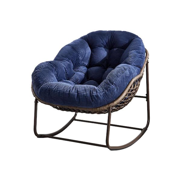 Flynama Wicker Outdoor Rocking Chair with Padded Cushion in Navy Blue