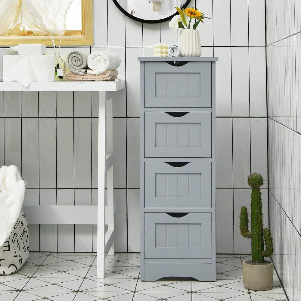 Gymax Grey Bathroom Floor Cabinet Free Standing Storage Side Organizer With 4 Drawers GYM08797 The Home Depot