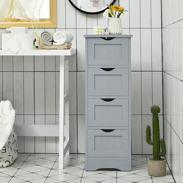 Gymax Grey Bathroom Floor Cabinet Free Standing Storage Side Organizer With 4-Drawers