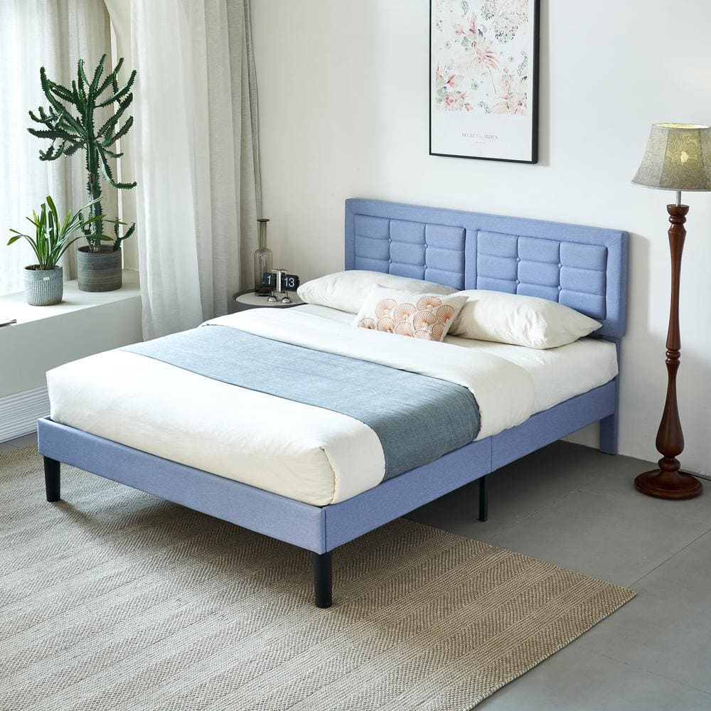 VECELO Upholstered Bed Light Blue Wood And Metal Frame Full Platform ...