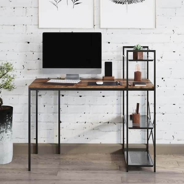 20.3 in. Rustic Brown Rectangular All-in-One Computer Desk with Shelves, Modern Industrial Style, Wood and Steel