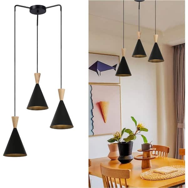 6.4 in. 3-Light Plug in Pendant Light with White Metal Shade and Switch, Industrial Adjustable Height Wood Chandelier