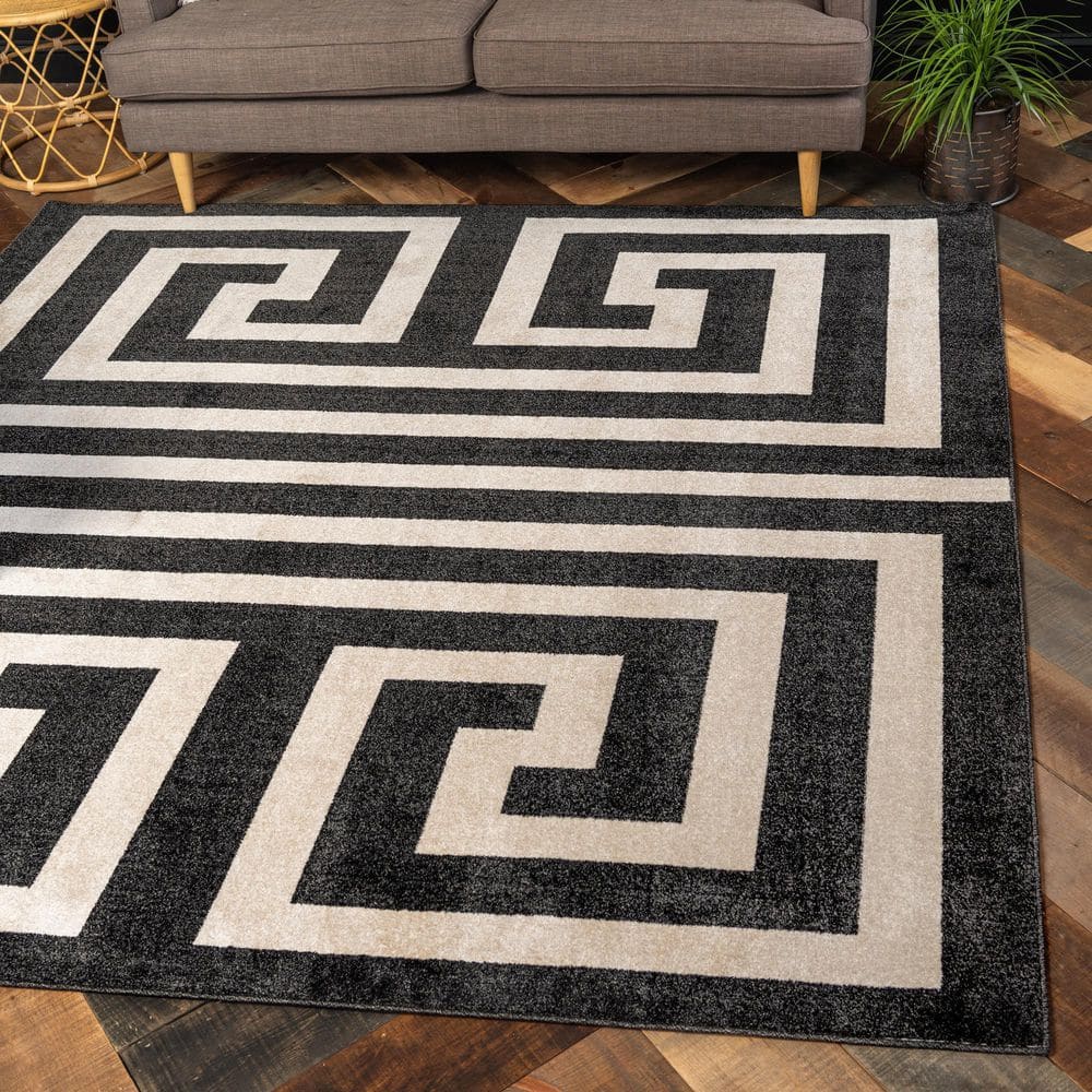 Black Synthetic Square Geometric Stain-Resistant Rug
