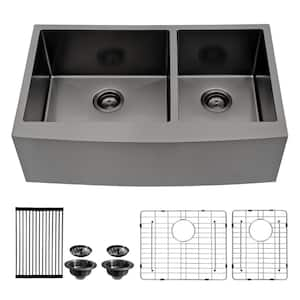 36 in. Farmhouse Apron Double Bowl 16-Gauge Gunmetal Black Stainless Steel Kitchen Sink with Roll-Up Rack