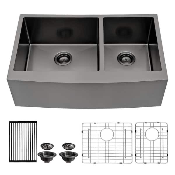 36 in. Farmhouse Apron Double Bowl 16-Gauge Gunmetal Black Stainless Steel Kitchen Sink with Roll-Up Rack