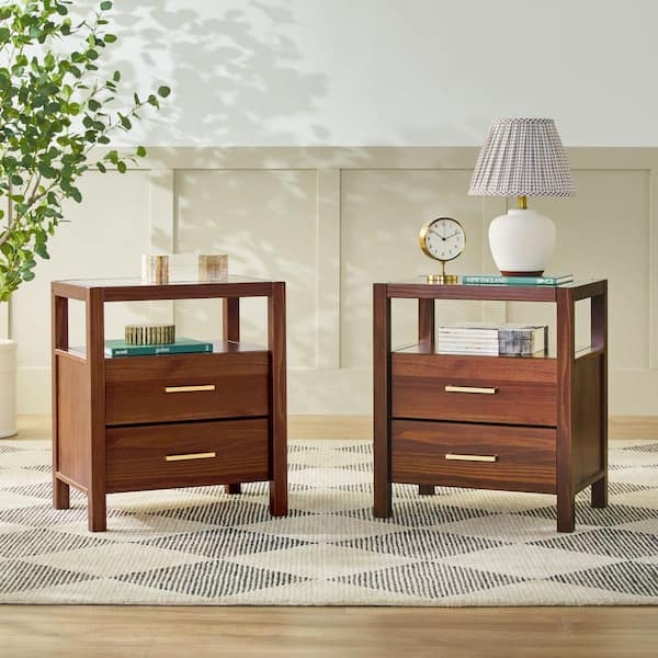 Isla Walnut Solid Wood Modern 2-Drawer 22 in. W Nightstands, (Set-2)