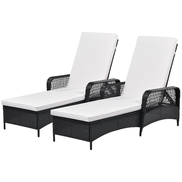 FORCLOVER 2-Pieces Adjustable Backrest Wicker Outdoor Patio Chaise Lounge Chair with Beige Cushion