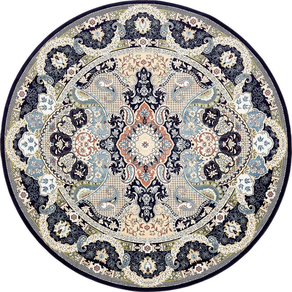 Navy Blue Round Synthetic Stain-Resistant Indoor Rug