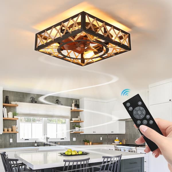 Lasaideal 18 in. 4-Light indoor Wood Grain Farmhouse Caged Low Profile Ceiling Fan Flush Mount Remote Control with Bulbs Included