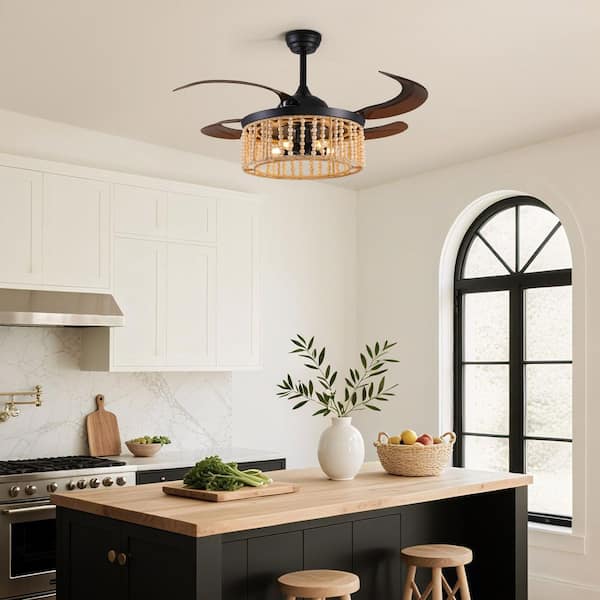 48 in. Indoor 5-Lights Bohemian Wood Bead Lampshade Black Ceiling Fan with Light Kit and Remote Control