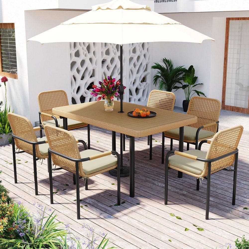 Black 7-Piece Wicker Iron Outdoor Dining Set with Oatmeal Cushion / 59 in. L Rectangle Table
