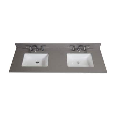 61 in. W Engineered Marble Double Basin Vanity Top in Mountain Gray with White Basins