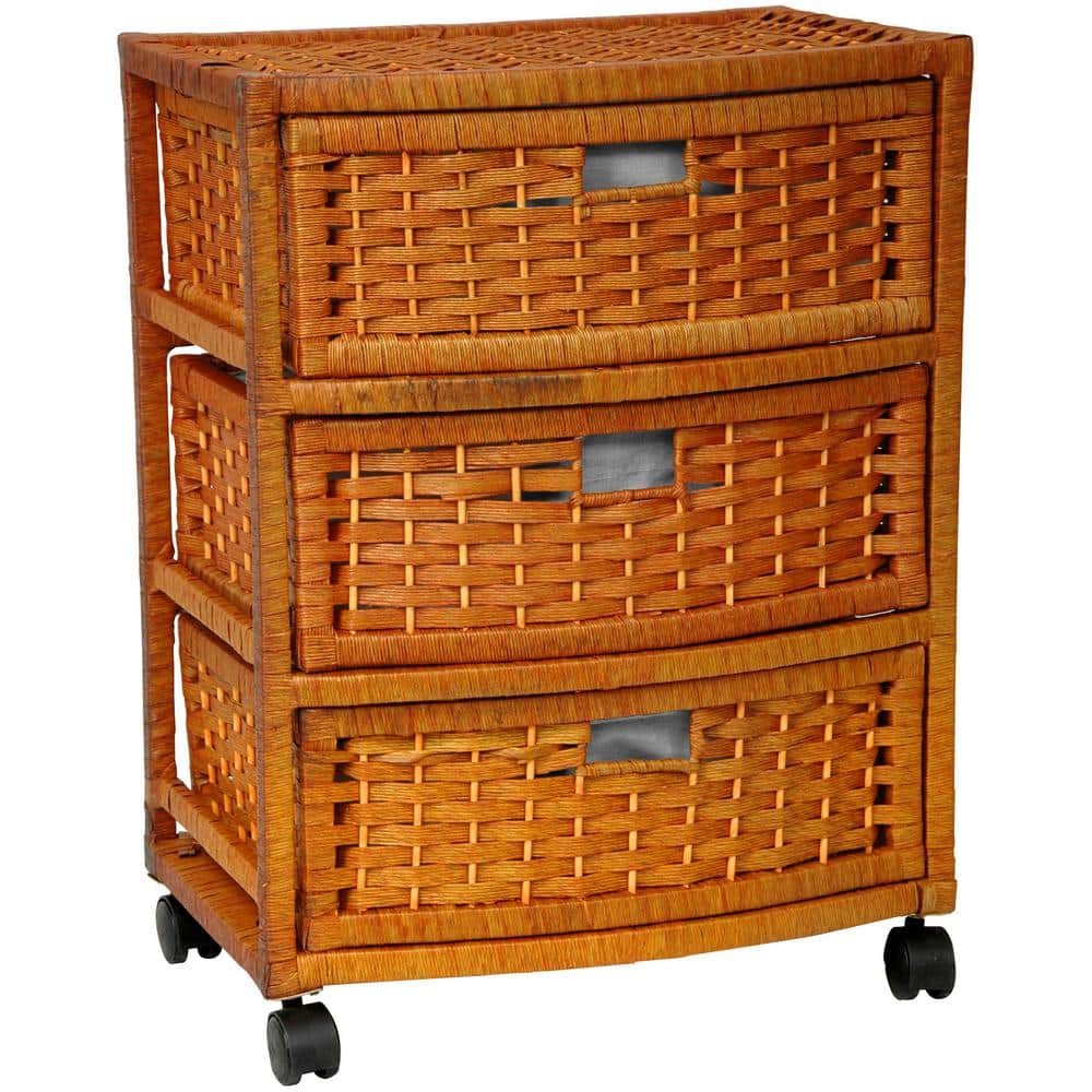 Oriental Honey Pine 3-Drawer Nightstand on Casters