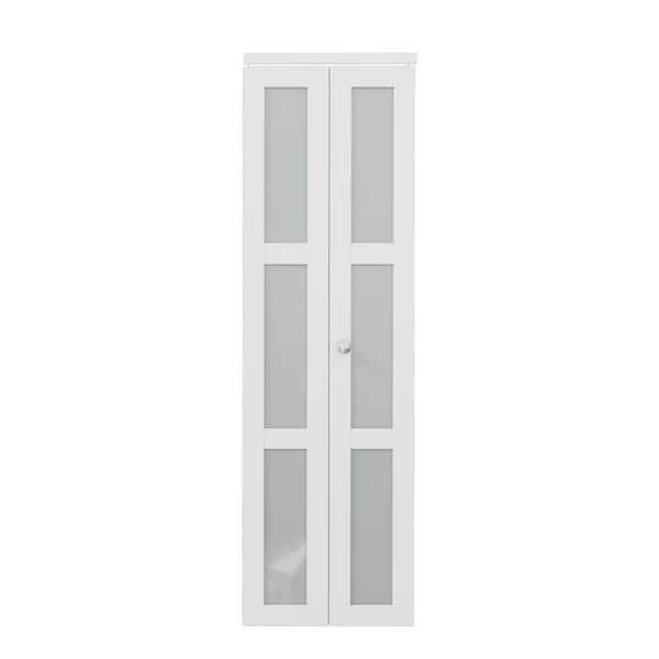 ARK DESIGN 28 in. x 80 in. 3-Lite Tempered Frosted Glass Solid Core MDF White Finished Bi-Fold Door with Hardware Kit