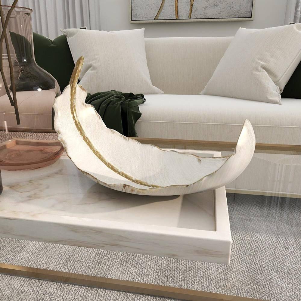 Elegant Oval White and Gold Polystone Feather Decorative Bowl