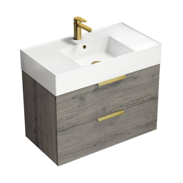 Nameeks Derin 31.89 in. W x 17.32 in. D x 25.2 in. H Modern Bathroom Vanity in Grey Oak With White Ceramic Top