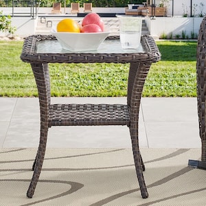 PlainCurve Brown Square Wicker Outdoor Side Table with Tempered Glass Top and Lower Wicker Storage Shelf