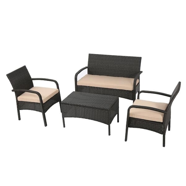 Benjara Orry Brown 4-Piece Metal and Wicker Patio Conversation Set with Tan Cushion