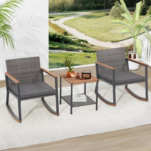 Yangming Gray 3-Piece Wicker Rocking Chair Outdoor Bistro Set with Dark Gray Cushion, Wood Top Table for Porches and Balcony