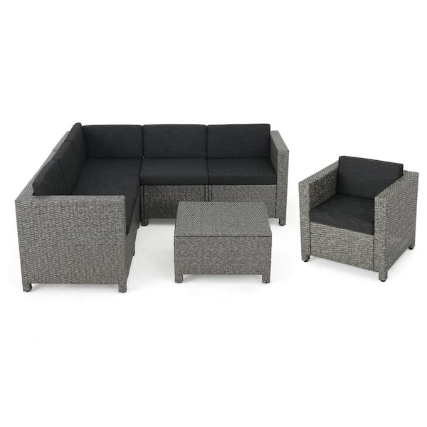 Noble House Puerta Mixed Black 7-Piece Wicker Outdoor Patio Sectional Set with Dark Grey Cushions