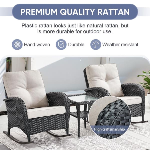 Black 5-Piece Wicker Patio Conversation Set with Rocking Chairs, Balcony Conversation Set with Beige Cushions