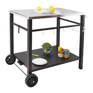 Outdoor Grill Cart with Double-Shelf BBQ Movable Food Prep Table Multi-Functional Stainless Steel Table Top
