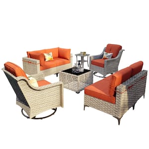 Thor 8-Piece Wicker Patio Conversation Seating Sofa Set with Orange Red Cushions and Swivel Rocking Chairs