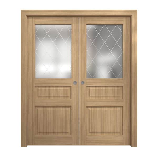 60 in. x 84 in. Frosted Glass Natural Oak Solid Wood Double Pocket Doors With Hardware