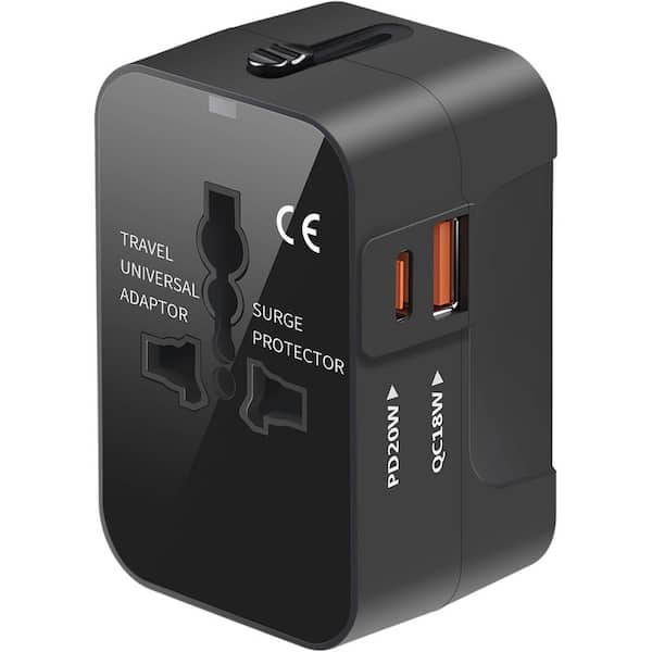 3 Amp Universal Travel Plug Adapter ith Dual USB Charging Ports (1 USB C) in Black