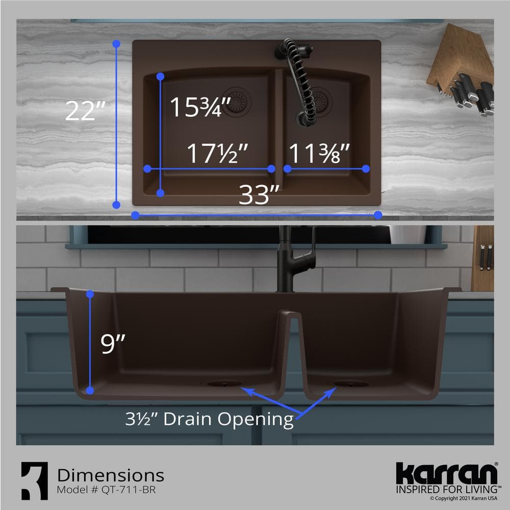 Brown Quartz Double Bowl Kitchen Sink with Rear Drain