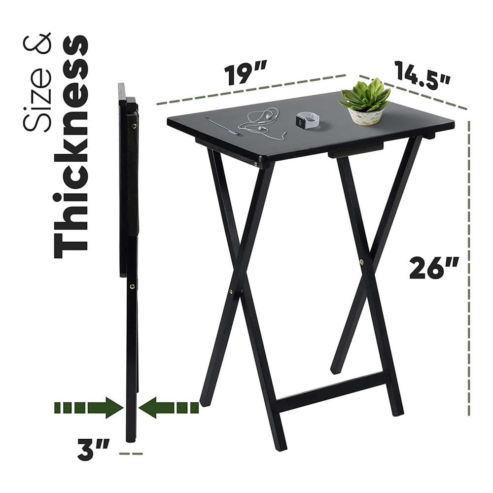 Black Solid Wood Folding TV Tray Tables Set with Storage Rack
