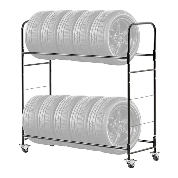 Rolling Tire Storage Rack, 22.44 in. W x 62.4 in. D Black Adjustable Height Steel Garage Wall Shelf, 2-Shelf Holder